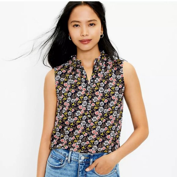 LOFT Tops - LOFT Women's Floral‎ Ruffle Neck Mixed Media Button Front Blouse, Size S